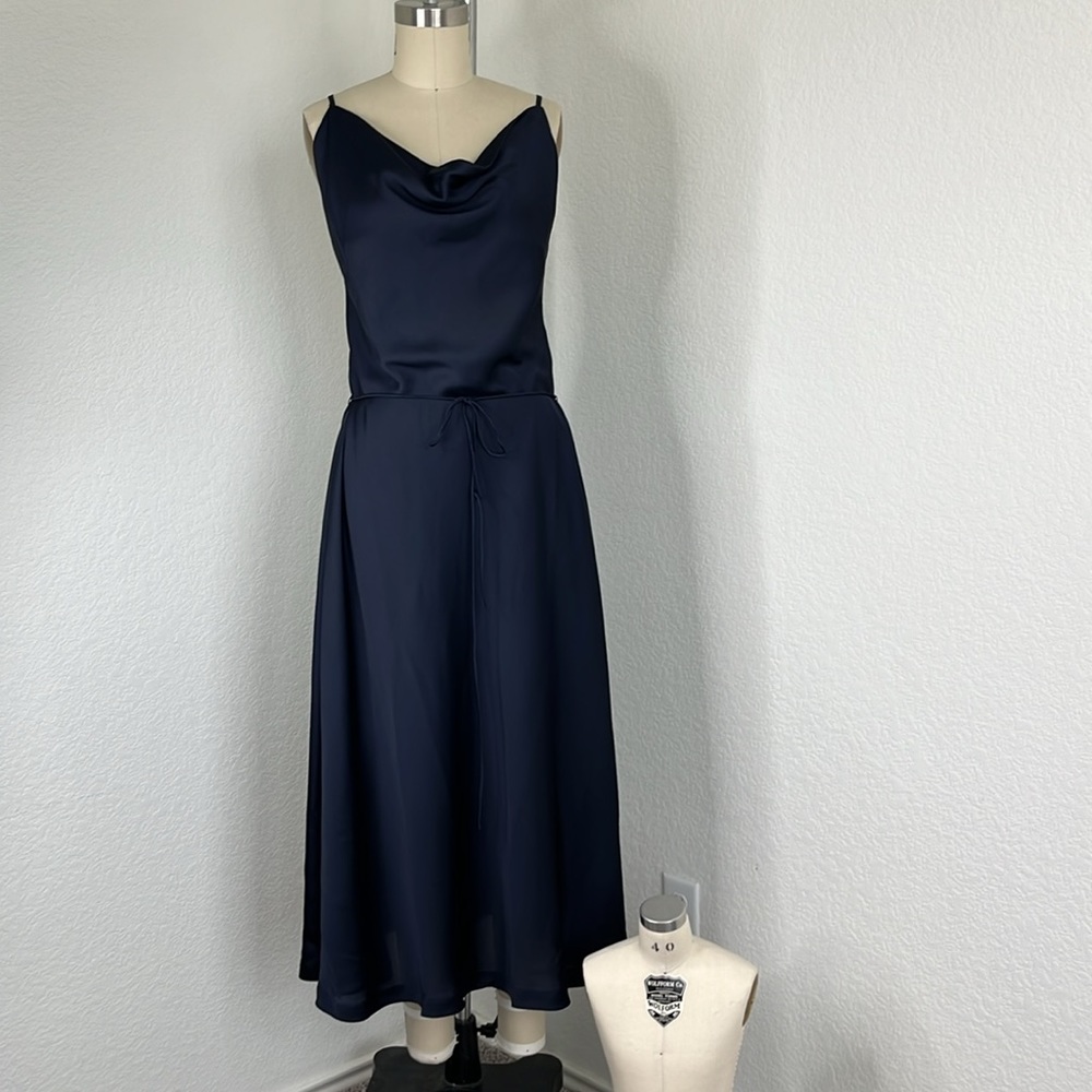 Low Classic Slim Cowl Dress Navy Button Belted - Picture 2 of 13